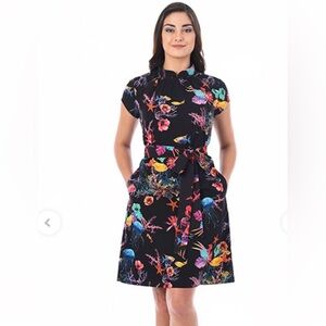 eShakti Black Dress with Colorful “Sea World” Design - XL/16